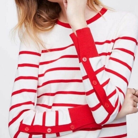 LOFT Cream & Red Striped Button Long Sleeve Pullover Lightweight Sweater Small - Picture 1 of 13